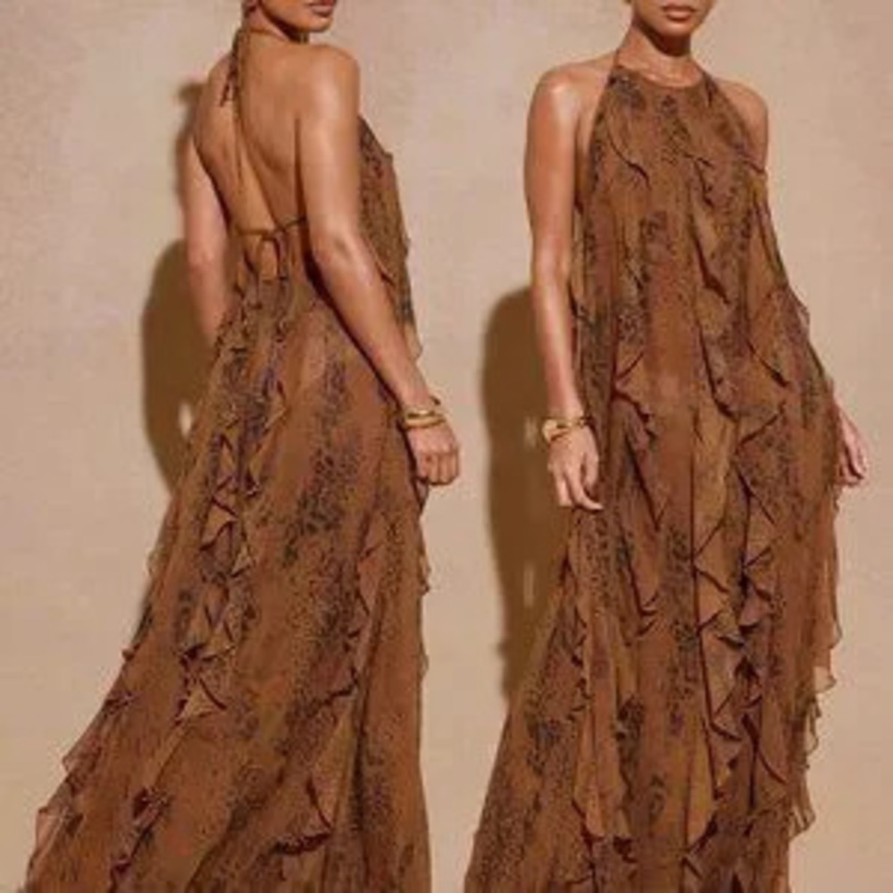 Mocha Brown Casual Women's Maxi Dress Halter Neck Sleeveless Ruffled Party Dress